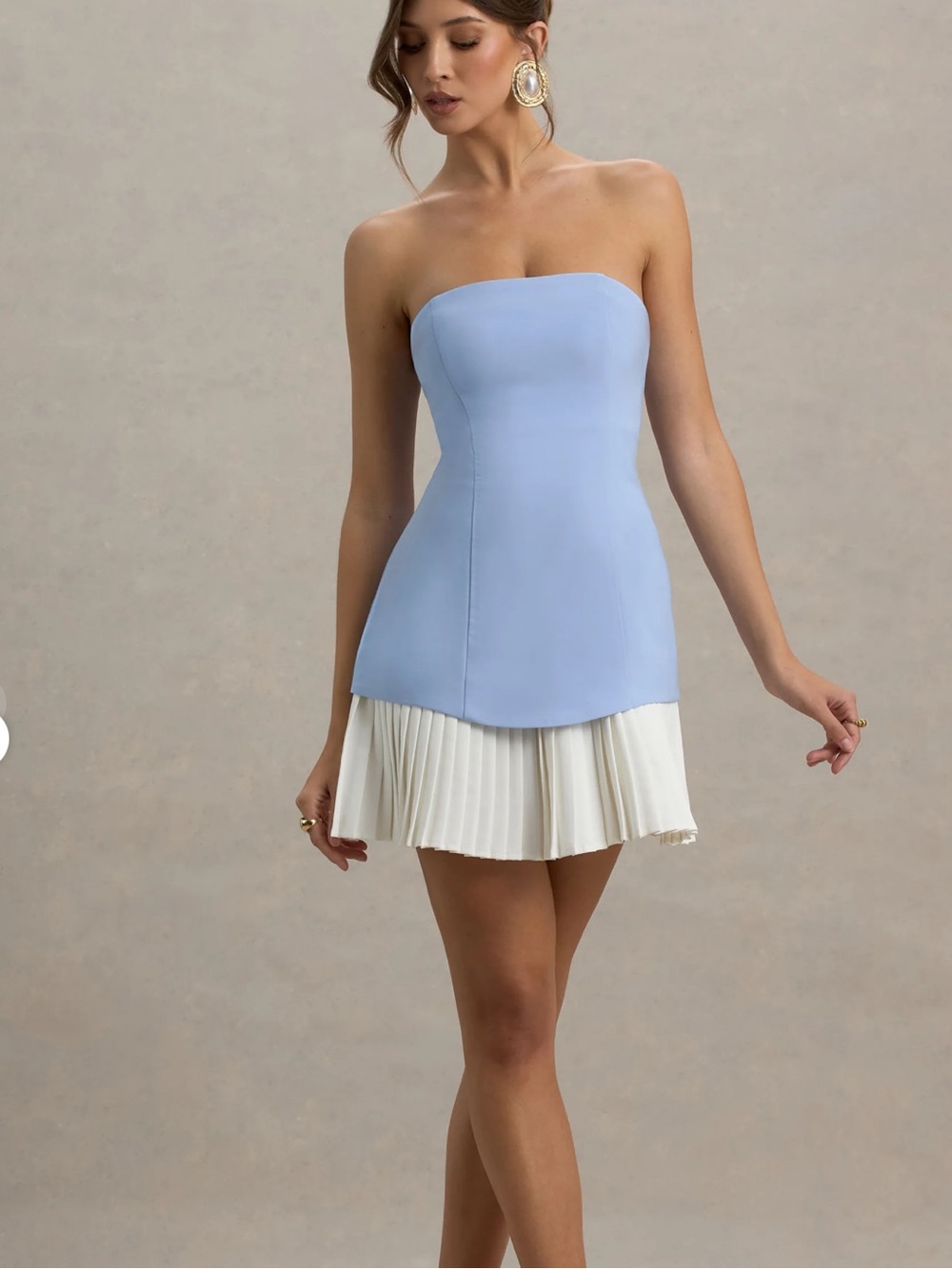 NWT Club London Strapless Light Blue Mini Dress with White Pleated Hem US 6